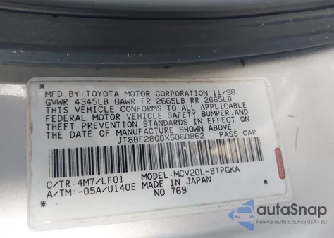 1999 Lexus Es 300 from USA, damaged, VIN JT8BF28G0X5060862